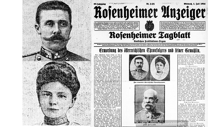 Zeichnung von Franz Ferdinand und seiner Frau Sohpie und eine Schlagzeile mit der Nachricht, ihrer Ermordung