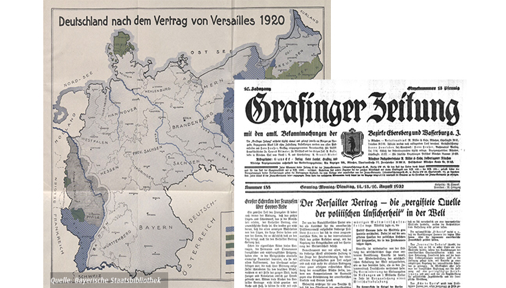 Bilder von Zeitungsartikel, Akteuren und Karrikatur zum Frieden von Versailles