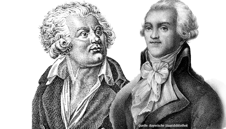 Zeichnungen von Danton und Robespierre und einer Guillotine
