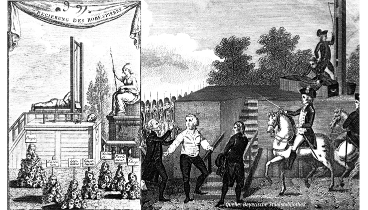 Zeichnung  einer Guillotine dazu Köpfe mit Namen