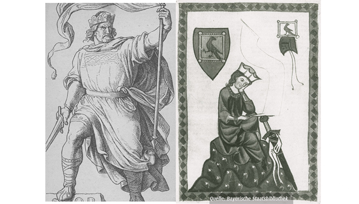Grafik eines Ritters und eine Abbildung von Walther von der Vogelweide