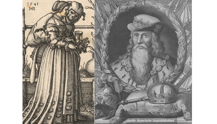 Grafik zeigt Maximilian I. Eduard III. , Philippe Vi. de Valois und eine Frau, die vom Tod umarmt wird