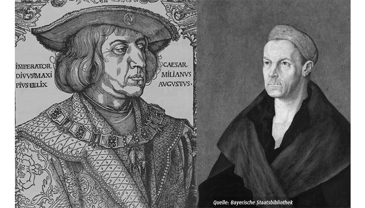 Abbildung von Jakob Fugger und Maximilian I. als Ritter auf einem Pferd
