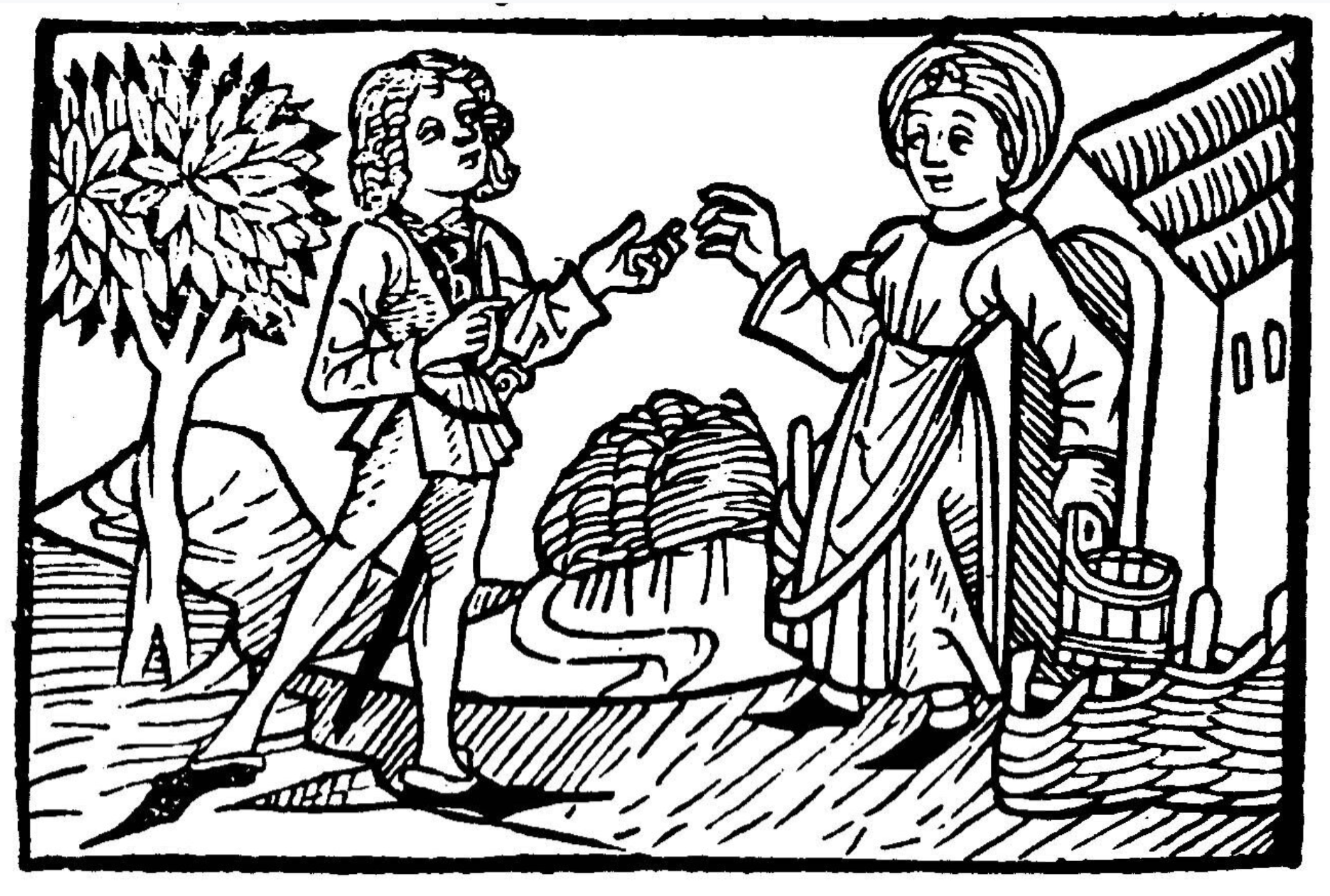 Mittelalterlicher Kupferstich einer Begegnung zwischen Mann und Frau