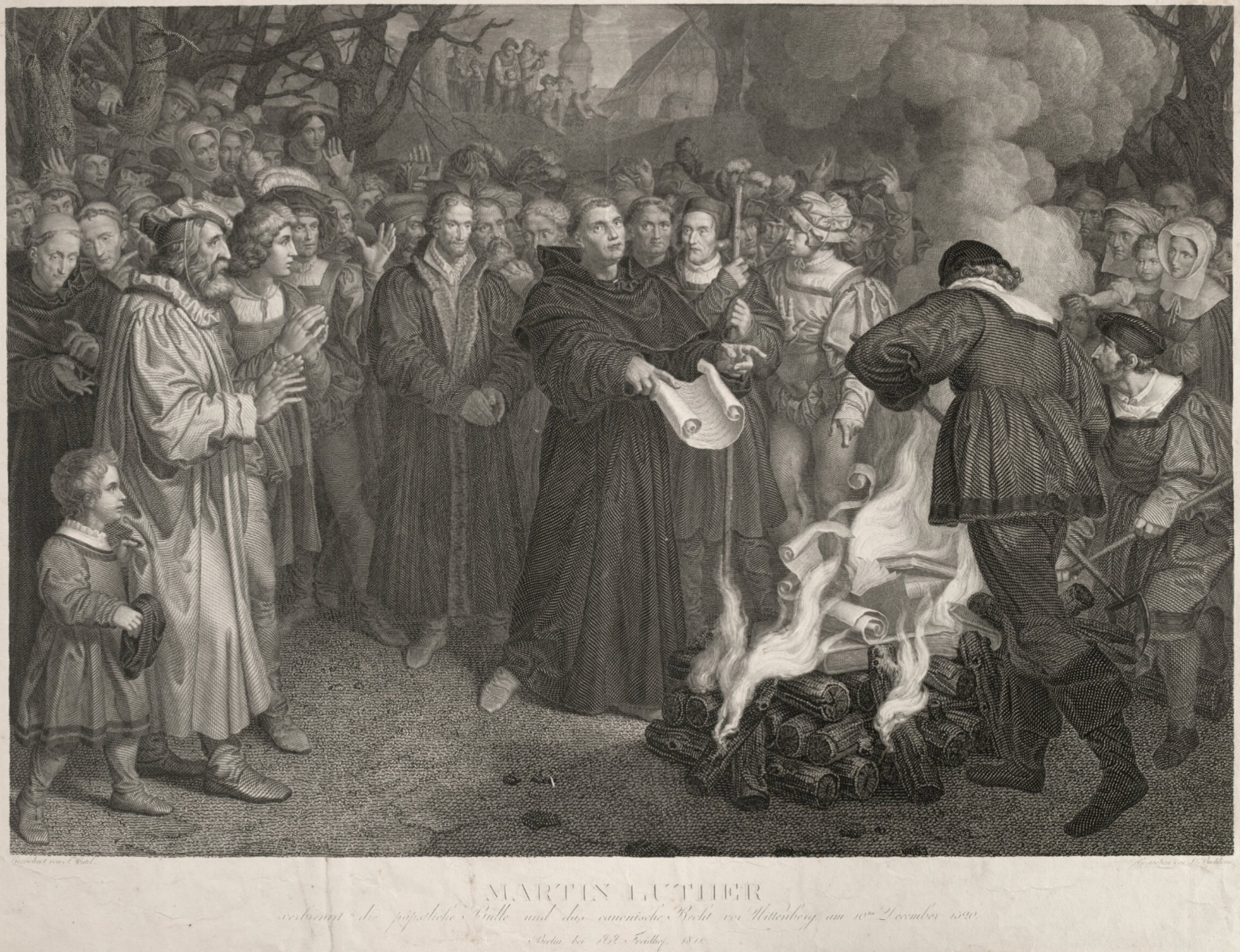 Martin Luther verbrennt die päpstliche Bannbulle Zeichnung von 1811