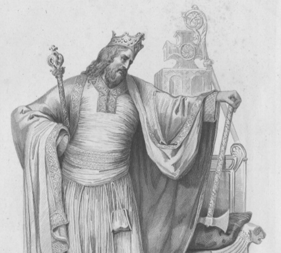 Chlodwig I. vor seinem Thron stehend mit einer Axt in der Hand