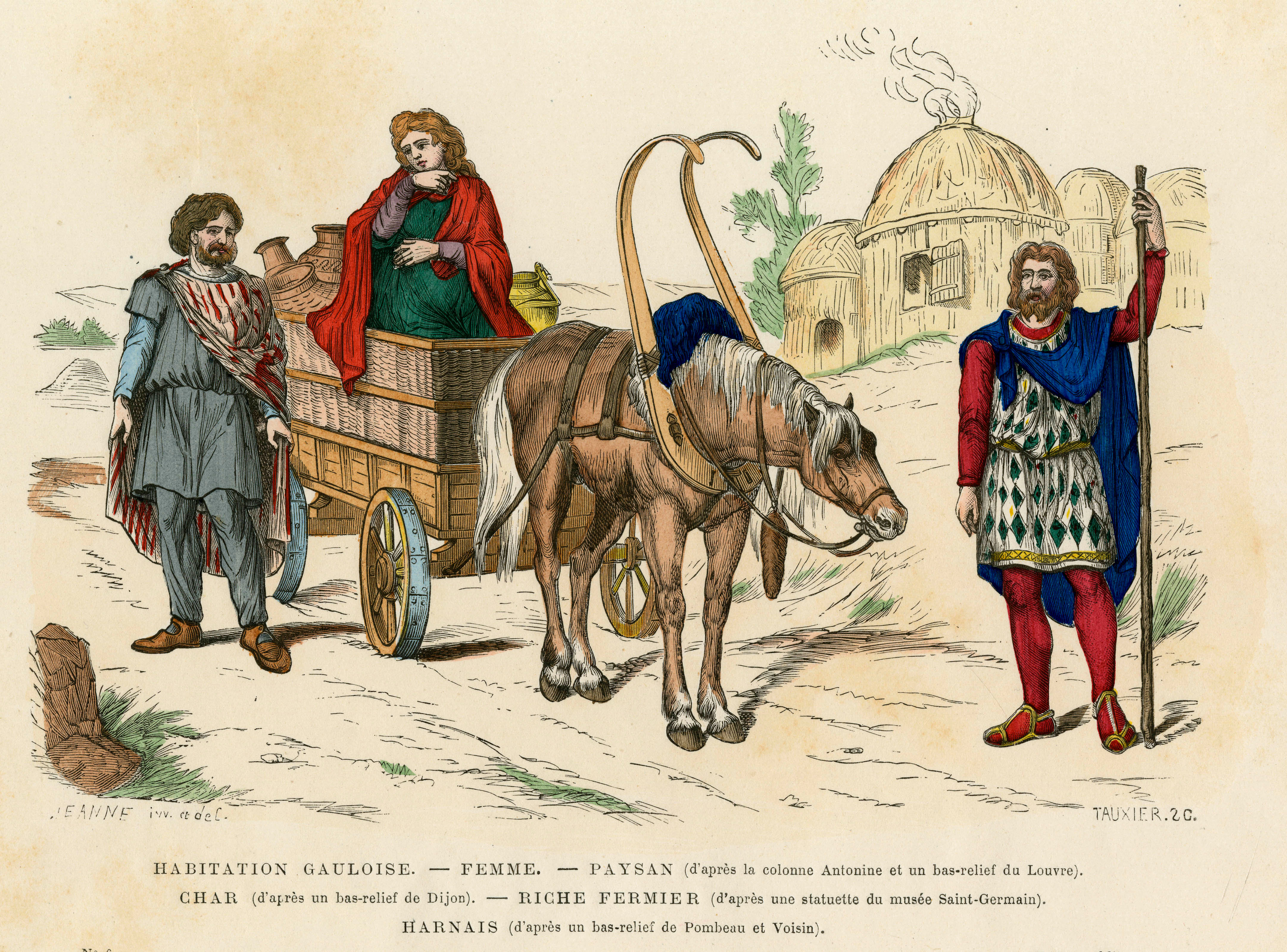 Altes Gallierdorf mit Galliern und Pferdekutsche.