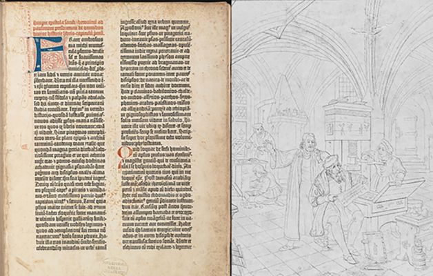 Buchseite aus der Gutenberg-Bibel und einer Zeichnung der Gutenberg'schen Werkstatt © Bayerische Staatsbibliothek