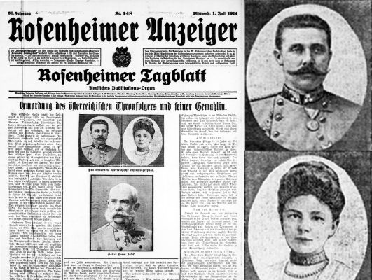 Franz Ferdinand und Sophie und Abbildung eines Zeitungsartikels über ihre Ermordung © Rosenheimer Anzeiger 1914/Digitale Sammlungen