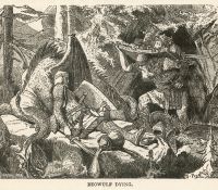 Zeichnung vom Tod des Beowulf - dem Helden des Sagenepos