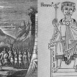 Zeichnung der Burg von Canossa daneben eine Darstellung von Heinrich IV. &copy; Bildarchiv der Bayerischen Staatsbibliothek