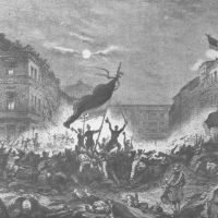 Bild von der Revolution. Barrikade und Deutschlandflagge.