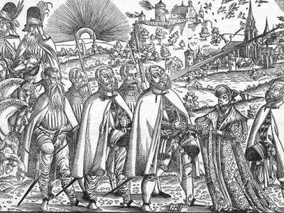 Kupferstich einer Begegnung zwischen Adeligen und Händlern 