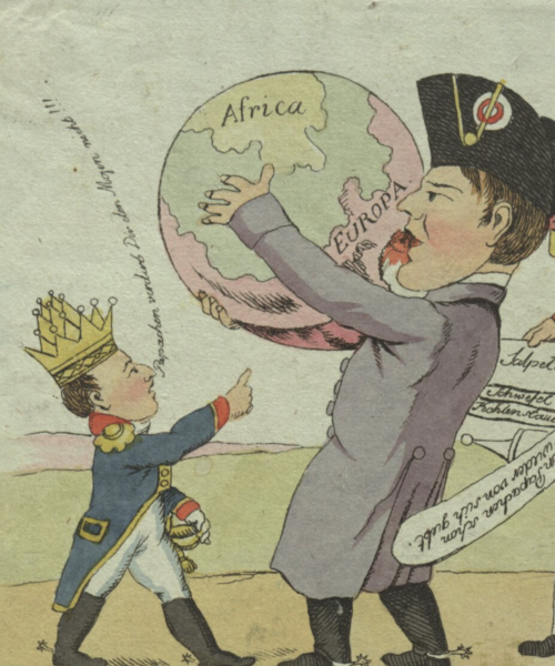 Karikatur: ein Mann hält einen Erdball in der Hand, der extra klein gezeichnete Napoleon greift danach