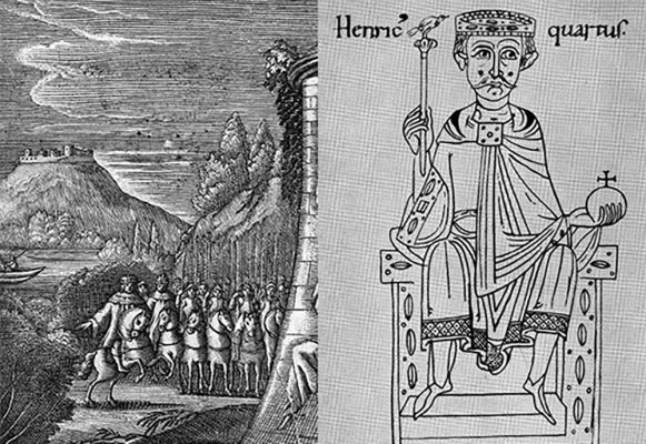 Zeichnung der Burg von Canossa daneben eine Darstellung von Heinrich IV. © Bildarchiv der Bayerischen Staatsbibliothek