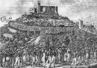 Zeichnung des Hambacher Festes, unzählige Menschen strömen zur Hambacher Burg