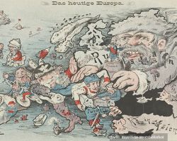 Karikatur  die Russland zeigt, dass seine Hände nach Europa ausstreckt