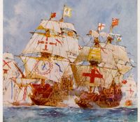 Zeichnung, welche ein Gefecht 1588 zwischen englischen und spanischen Schiffen darstellt