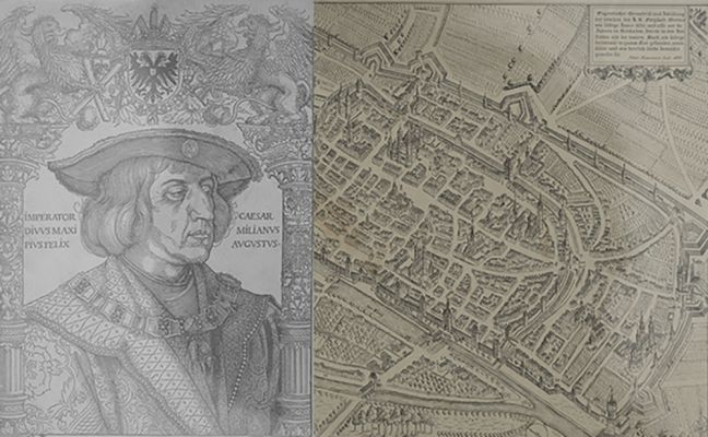 Zeichnung von Kaiser Maximilian I. und einem Stadtplan von Worms