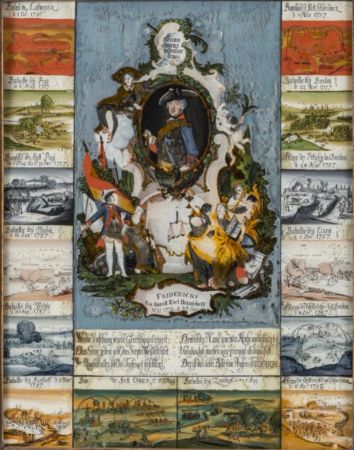 Hinterglasbild Siebenjähriger Krieg mit Porträt von Friedrich II. von Preußen und einzelnen Gefechten.