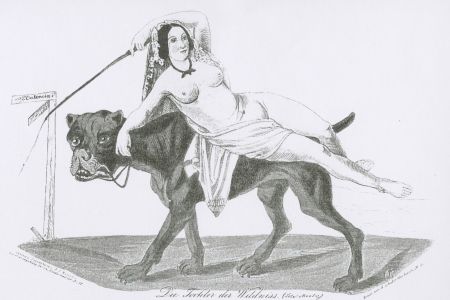 Lola Montez als Kurtisane nackt auf einem Hund