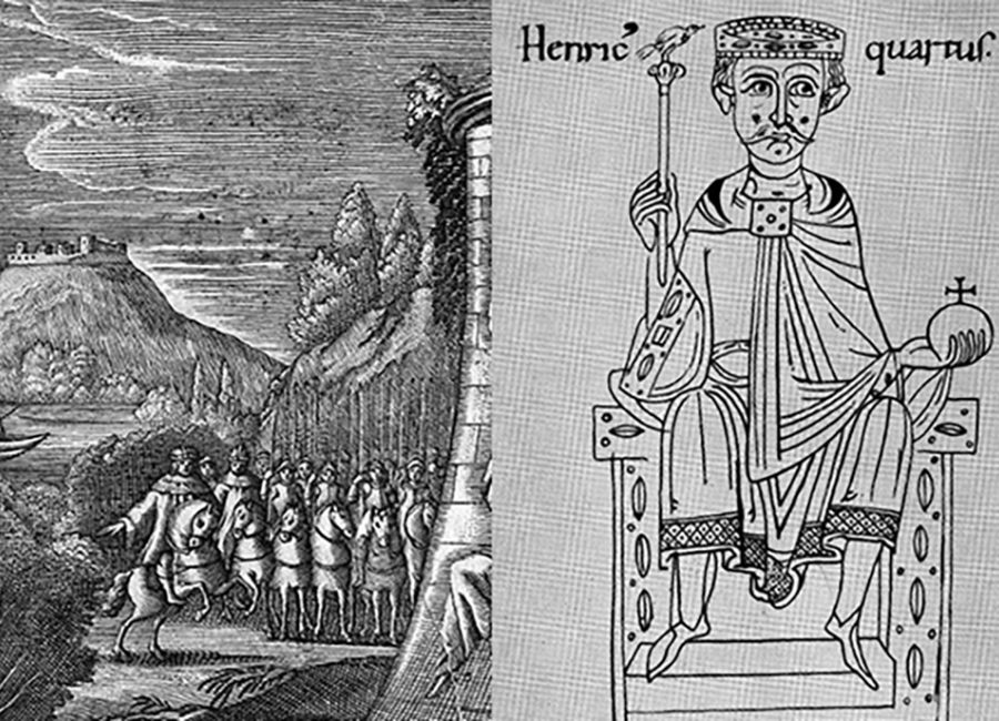 Zeichnung der Burg von Canossa daneben eine Darstellung von Heinrich IV. © Bildarchiv der Bayerischen Staatsbibliothek