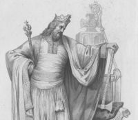Chlodwig I. vor seinem Thron stehend mit einer Axt in der Hand