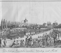 Zeichnung der ersten Eisenbahn zwischen Nürnberg und Fürth