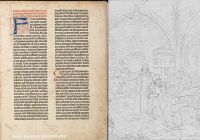 Buchseite aus der Gutenberg-Bibel und eine Zeichnung von der Gutenberg'schen Werkstatt,
