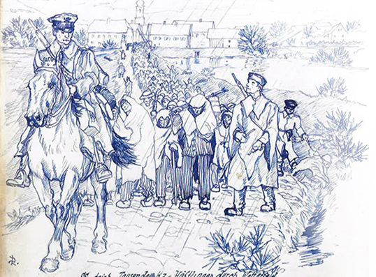 Zeichnerische Darstellung der Todesmärsche © Bildarchiv der Bayerischen Staatsbibliothek