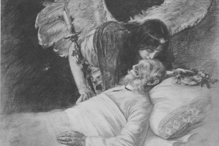 Zeichnung der Kaiser auf dem Totenbett von einem Engel geküsst.