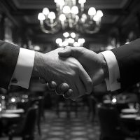 Zwei Menschen schütteln sich vor dem Hintergrund eines Festbankettes die Hand