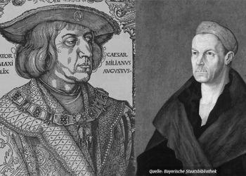 Abbildung von Jakob Fugger und Maximilian I. als Ritter auf einem Pferd