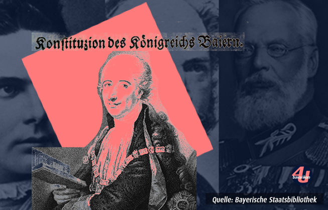 Grafik mit einer Abbildung von Maximilian Montgelas und dem Schriftzug Konstitution des Königreichs Baiern