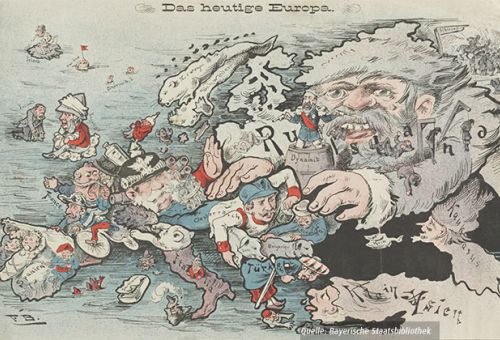 Karikatur über Russland, dass seine Hände nach Europa ausstreckt 1887 © Stadtarchiv München