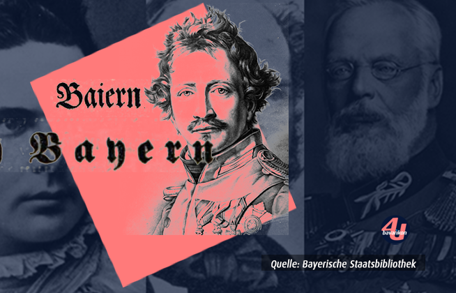 Grafik mit einer Abbildung von König Ludwig I.; Schriftzug Baiern mit "ai" und Königreich Bayern mit "Y"
