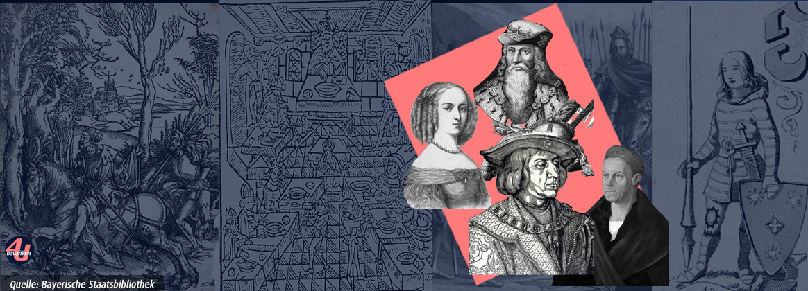 Grafik mit Agnes Bernauer, Eduard III., Jakob Fugger und Kaiser Maximilian I. 