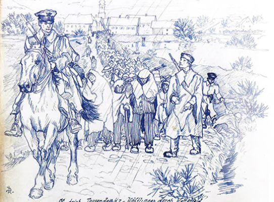 Zeichnerische Darstellung der Todesmärsche © Bildarchiv der Bayerischen Staatsbibliothek