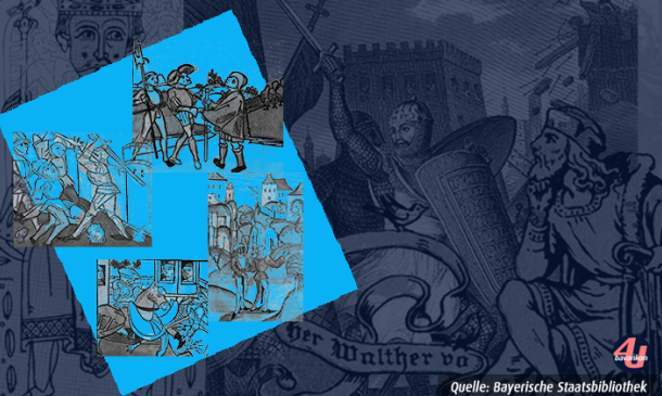 Grafik mit mittelalterlichen Bildern von Rittern, Edelleuten und Bauern