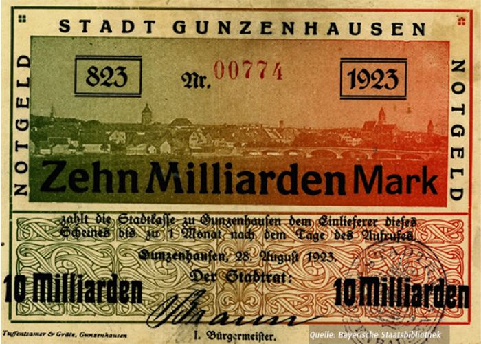 Grafik mit einem Geldschein über Zehn Milliarden Mark