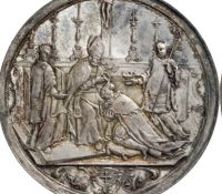 Bild zeigt Münze mit Prägung der Taufe vom Agilolfinger Theodo II.