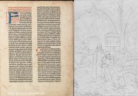 Buchseite aus der Gutenberg-Bibel und eine Zeichnung von der Gutenberg'schen Werkstatt,