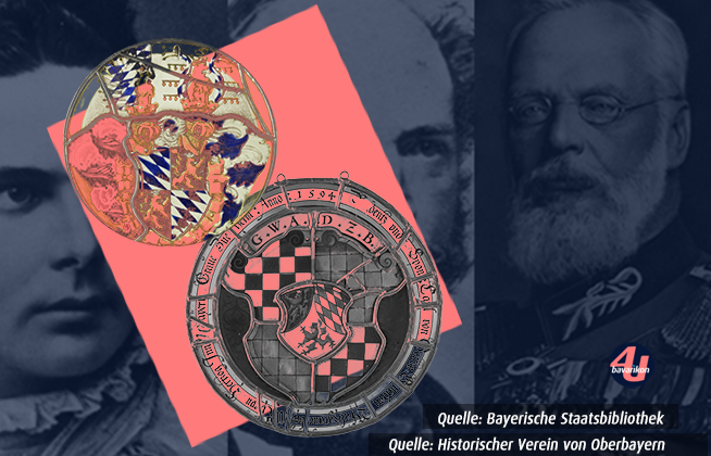 Grafik mit zwei bayerischen Wappen; Weiß-blau und Rautenmuster