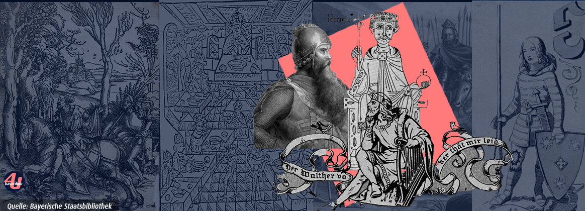 Grafik mit Barbarossa, Heinrich IV. und Walther von der Vogelweide