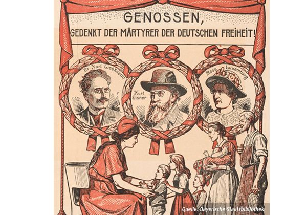 Zeichnung von Eisner, Luxemburg und Liebknecht
