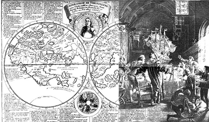 Zeichnung Weltkarte/ Szene, die Christoph Kolumbus darstellen soll © Bayerische Staatsbibliothek